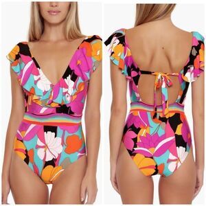Trina Turk Gemini Ruffle One Piece Swimsuit Bow Back size 10 Multi Color
